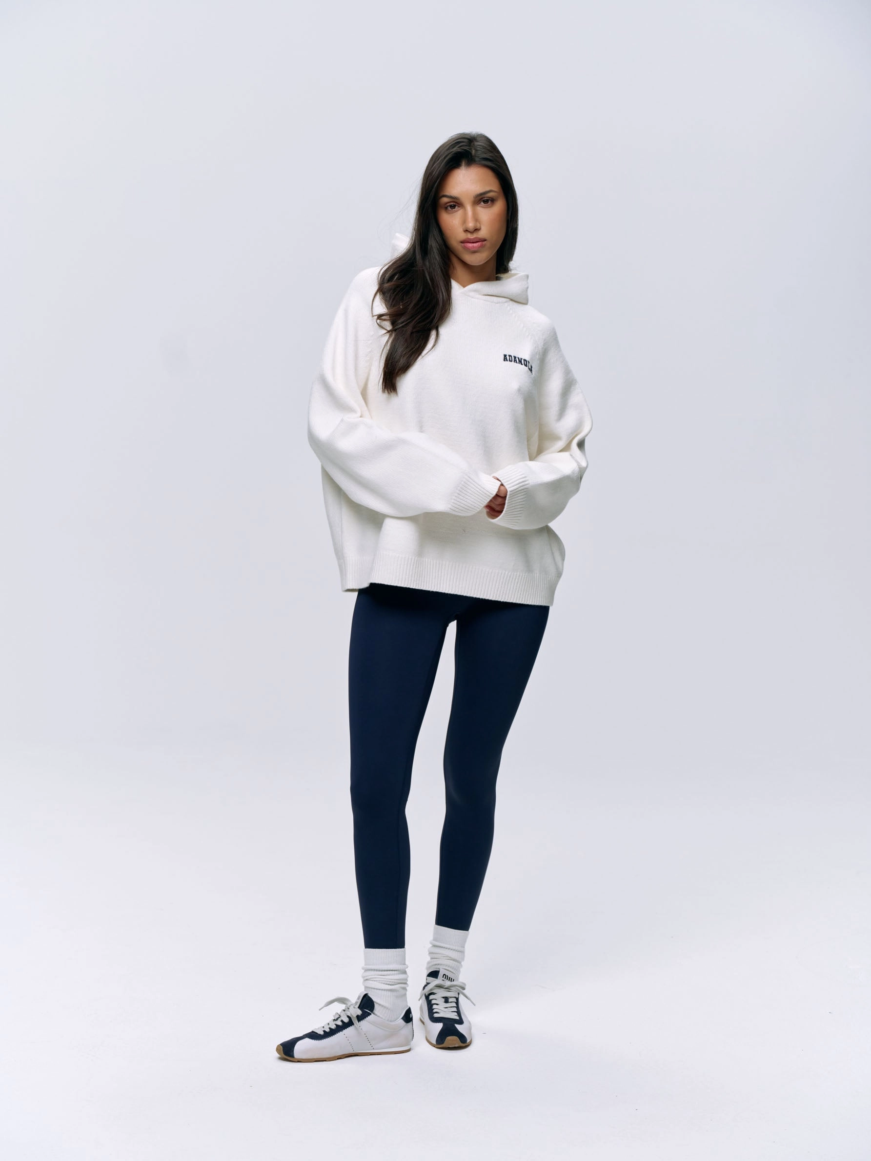 Varsity Oversized Knit Hoodie - Cream/Navy Blue
