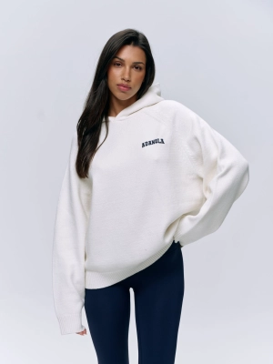 Varsity Oversized Knit Hoodie - Cream/Navy Blue