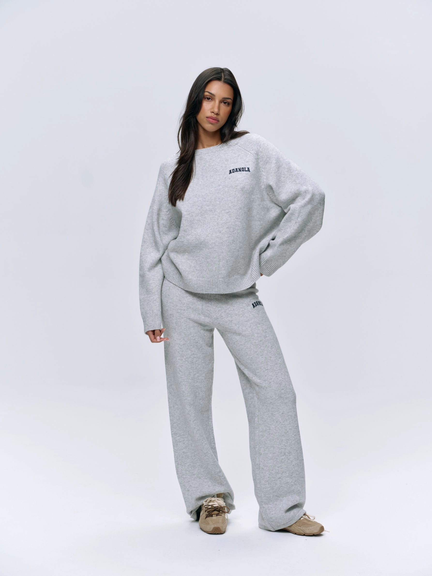 Varsity Oversized Knit Sweatshirt - Light Grey Melange/Navy Blue