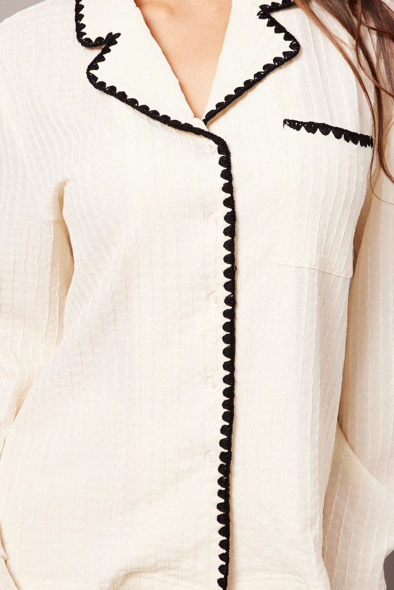 White Soft PJ Set Contrast Trim Long Leg Pyjama